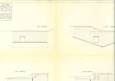 Fasadetegning som viser bygningens utseende fra fire sider (nord, øst, vest og syd).