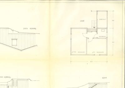 Bildet viser en etasjeplan (merket 'plan') med romoppdeling, dører og mål, samt deler av fasadetegninger ('fasade nord', 'snitt').