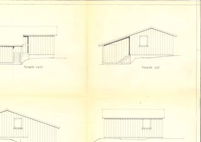 Bildet viser tegninger av fasader på en bygning, inkludert 'fasade vest' og 'fasade syd'.