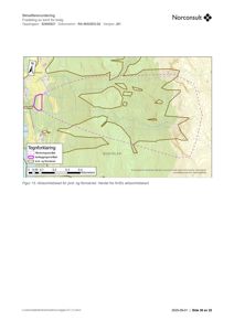 Et aksomhetskart (skredfarevurdering) som viser et kart over et område med topografi, eiendomsgrenser og en markert kartleggingsområde.