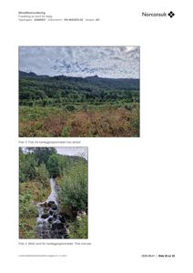 Dokumentet inneholder to fotografier fra et kartleggingsområde for skredfarevurdering. Det øverste bildet viser et landskap med skog og fjell, mens det nedre bildet viser en bekke. Begge er merket som 'Foto'.