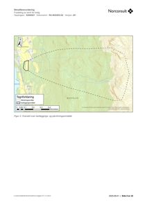 Kart som viser et kartleggings- og påvirkningsområde i et fjellområde (Buhidler) med topografiske linjer og en retningssone.