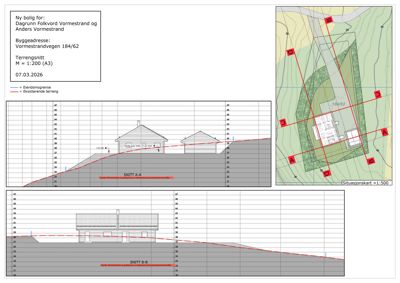 Bildet viser snittegninger (SNITT A-A og SNITT B-B) av en ny bolig, inkludert situasjonskart og terrengsnitt.