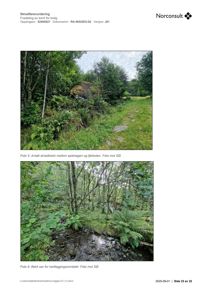 Dokumentet inneholder to fotografier som viser terrengforhold (skredblokk og bekksar) på et tomt.