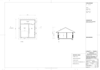 Etasjeplan (1. etasje) med romfordeling, mål og en tilhørende fasadeforhåndslegging (A-A).