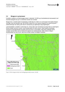 Kart over berggrunn og løsmasser i et område, med topografi og geologiske soner markert.