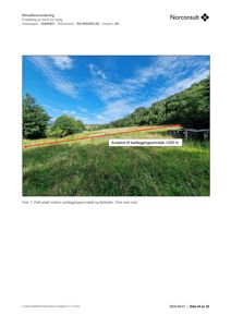 Fotografi av et terrengområde med en markert rød linje som viser avstand til et kartleggingsområde.