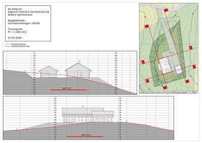 Bildet viser to snittegninger (SNITT C-C og SNITT D-D) av en ny bolig, inkludert terrengsnitt og bygningens høydeprofil.