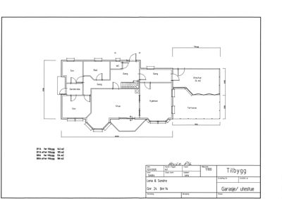 Etasjeplan (1. etasje) som viser romfordeling, dører, vinduer og mål for en tilbygg.