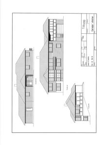 Fasadetegning som viser bygningens utseende fra tre ulike vinkler (Førside Nord, Førside Sør og Førside Øst).