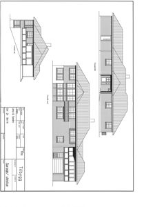 Fasadetegning som viser bygningens utseende fra tre ulike vinkler (vest, øst og sør).