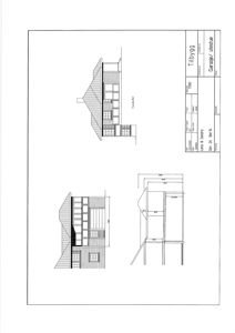 Fasadetegning for tilbygg (garasje/utestue) som viser utsiden av bygningen med mål og detaljer.