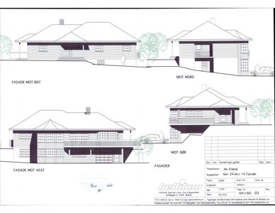 Fasadetegning som viser bygningens utsyn fra fire sider (Øst, Vest, Nord, Sør) med detaljer om arkitektur og terreng.