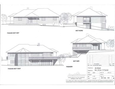 Fasadetegning som viser bygningens utsyn fra fire sider (øst, vest, nord og sør).