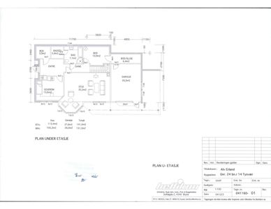 Etasjeplan (PLAN UNDER ETASJE) som viser romfordeling, mål og areal for et hus med garasje.
