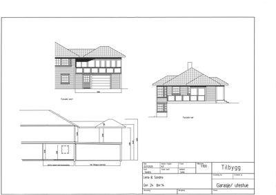 Fasadetegning som viser oppriss av bygningens ytre utseende fra vest og sør, samt et snitt som viser høyder og takform.