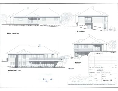 Fasadetegning som viser bygningens utsyn fra fire sider (øst, nord, sør og vest).
