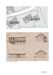 Bildet viser en side fra en byggesak som inneholder to figurer. Figur 1 er en situasjonsplan som viser tomtegrenser, nabotomter og gatenavn. Figur 2 er en opprinnelig fasadetegning som viser bygningens utseende fra ulike vinkler.
