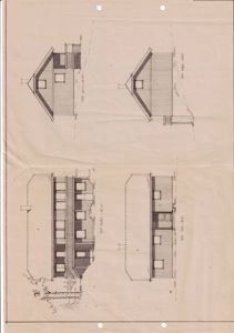 Fasadetegning som viser bygningens utseende fra fire ulike retninger (Nord, Sør, Vest og Øst).