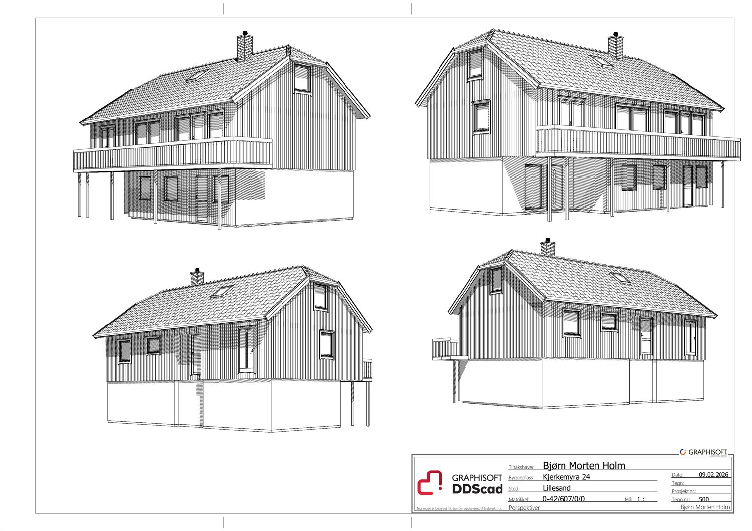 Fasadetegning som viser bygningens utsyn fra fire ulike vinkler (for, bak, venstre og høyre side).