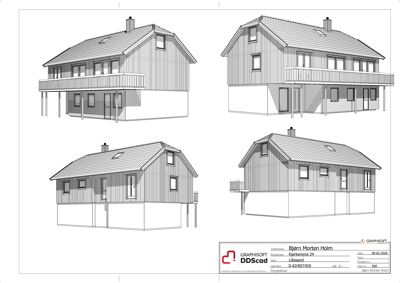 Fasadetegning som viser bygningens utsyn fra fire ulike vinkler (for, bak, venstre og høyre side).