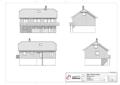 Fasadetegning som viser bygningens utsyn fra fire ulike vinkler (front, side, bak og en annen side).