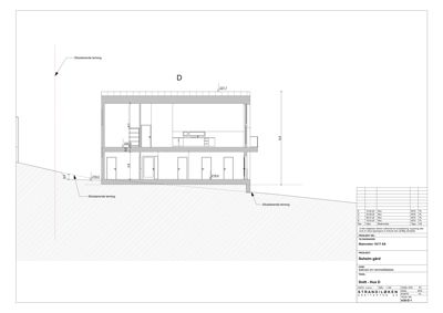 Snittegning (Snitt - Hus D) som viser bygningens tverrsnitt, høyder, romfordeling og forhold til terreng.