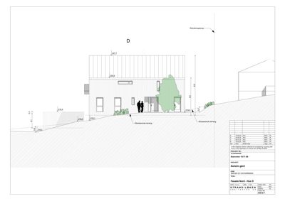 Fasadetegning (opprikk) av hus D sett fra nord, med høydemål og terrengforhold.
