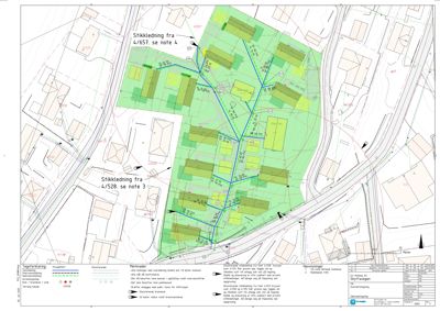 Situasjonsplan som viser tomtens grenser, eksisterende og planlagt bebyggelse, samt infrastruktur som stikkledninger og vannledninger.