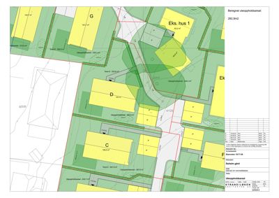 Situasjonsplan som viser tomtene, eksisterende hus, planlagte bygninger (G, D, C), utbyggingsarealer og beregnet uteoppholdsareal.