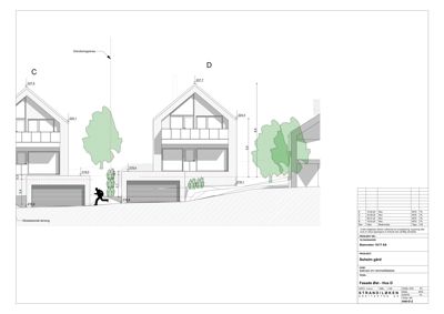 Fasadetegning som viser oppriss av huset sett fra siden (vest/sør), med høydemål, terrassering og nabobebyggelse.