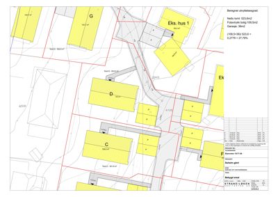 Situasjonsplan som viser tomtene, bygninger og arealreguleringer for et område.