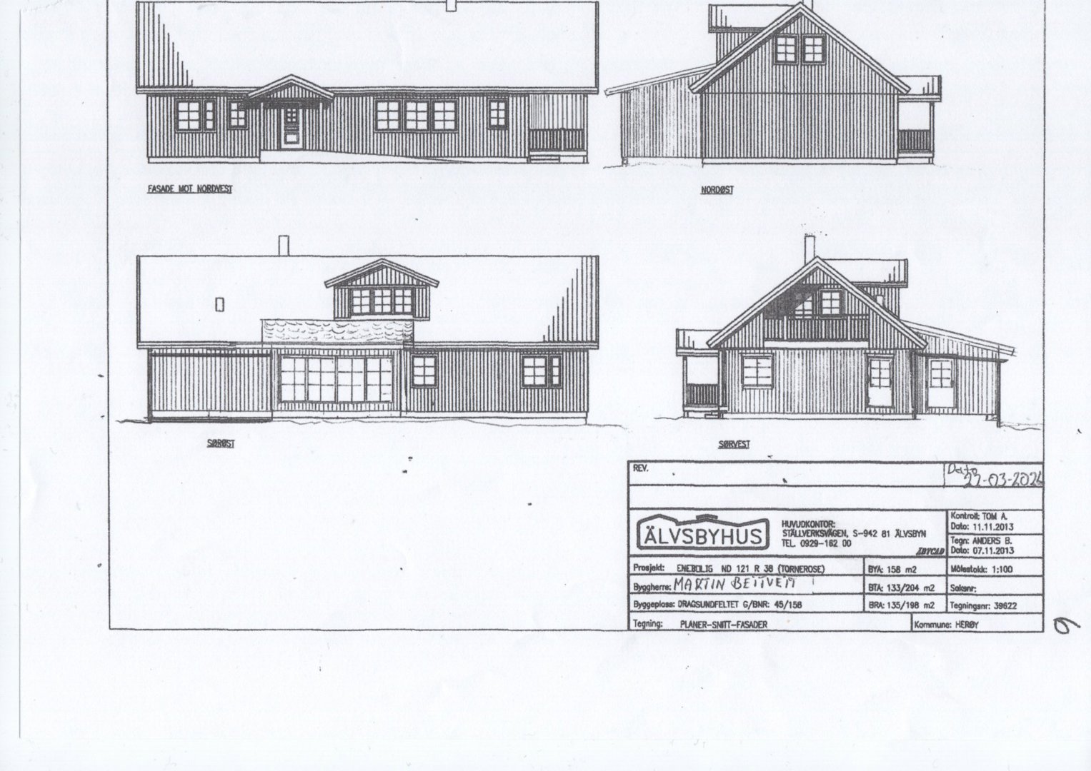 Fasadetegning som viser bygningens utsyn mot nordvest, nordøst, sørvest og sørøst.
