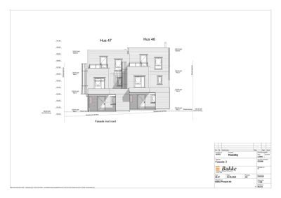 Fasadetegning av to hus (Hus 47 og Hus 46) sett fra nord, med høydemål og detaljer om vinduer/terrasser.