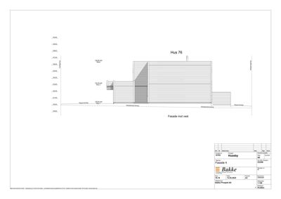 Fasadetegning (opprikk) av bygningen 'Hus 76' sett fra vest.