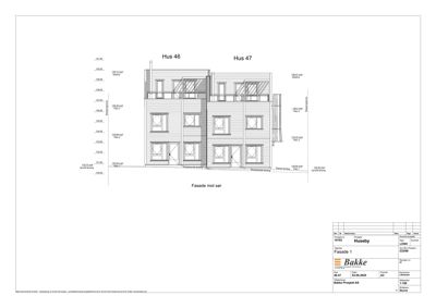 Fasadetegning som viser fronten av to hus (Hus 46 og Hus 47) sett fra sør, med høydeangivelser.