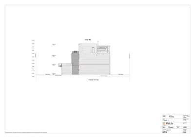 Fasadetegning av 'Hus 46' sett fra vest, som viser bygningens utseende og høyder.