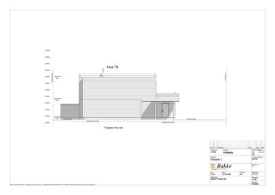 Fasadetegning av 'Hus 78' sett fra øst, som viser høyde, takform og vindusoppsett.