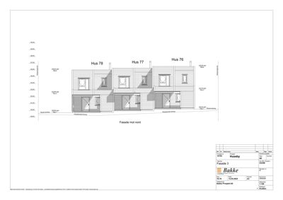 Fasadetegning som viser fronten mot nord for tre hus (Hus 76, 77 og 78) med angitte høyder og vindusoppsett.