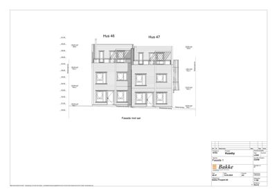 Fasadetegning av to hus (Hus 46 og Hus 47) sett fra sør, med høydeangivelser og vindusoppsett.