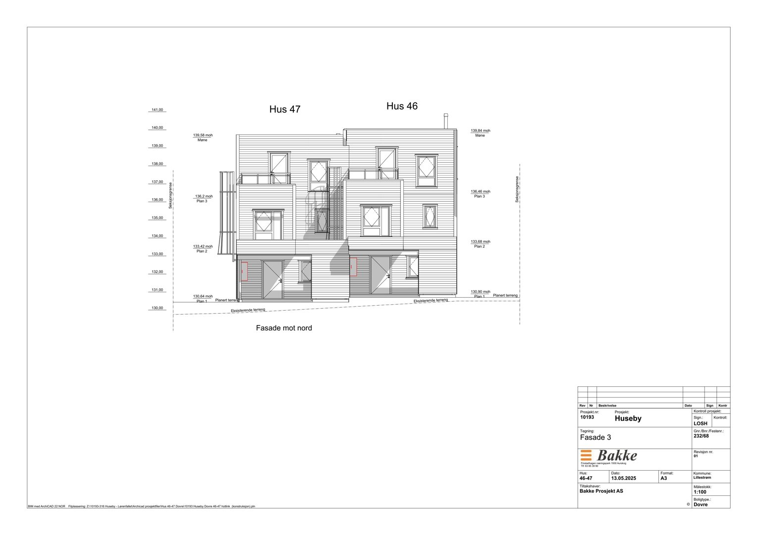 Fasadetegning (opprikk) av to hus sett fra nord.