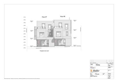 Fasadetegning (opprikk) av to hus sett fra nord.