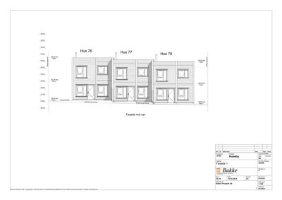 Fasadetegning som viser fronten av tre hus (Hus 76, 77 og 78) sett fra sør.