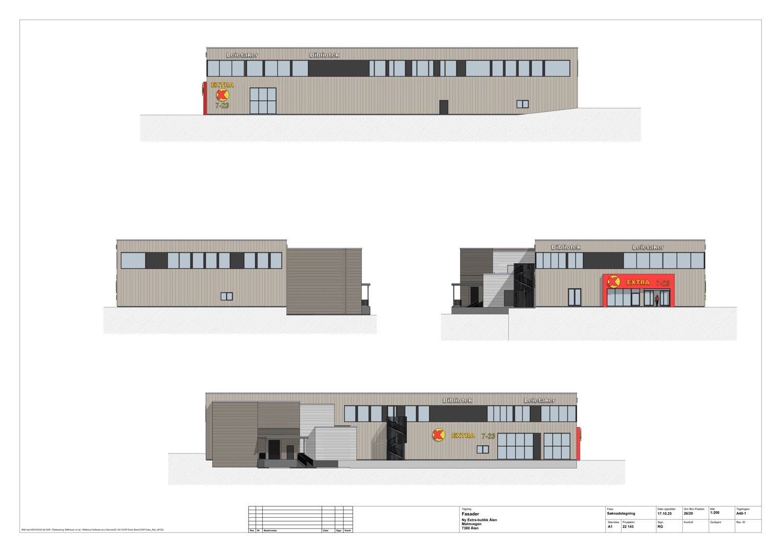 Fasadetegning som viser bygningens utseende fra flere vinkler, inkludert detaljer om vinduer, dører og fasadematerialer.