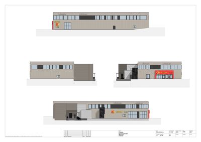 Fasadetegning som viser bygningens utseende fra flere vinkler, inkludert detaljer om vinduer, dører og fasadematerialer.