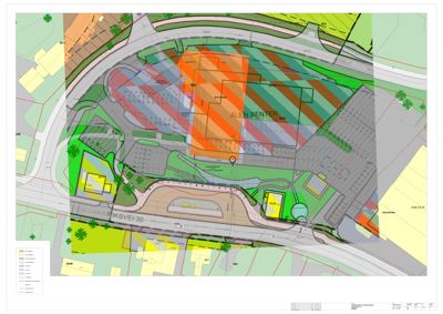 Situasjonsplan som viser bygningens plassering i forhold til veier og nabolag.