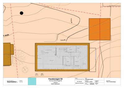 Situasjonsplan som viser bygningens plassering på tomten i forhold til nabobebyggelse, terrengforhold (konturlinjer) og eiendomsgranser.
