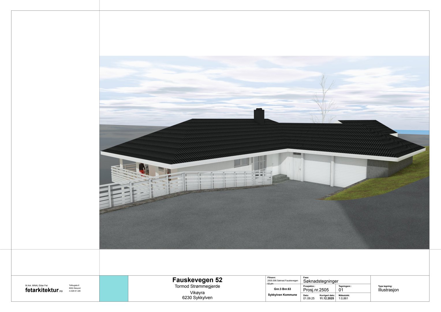 3D-visualisering (rendering) av en planlagt bolig med adresse Fauskevegen 52. Bildet viser fasade, tak, garasje og omgivelser.