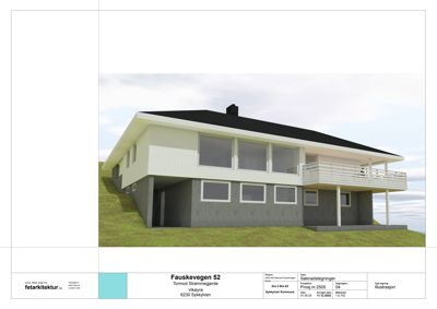 3D-visualisering (rendering) av fasaden på en planlagt bolig. Bildet viser husets utseende, materialvalg og beliggenhet på et skrått terreng.