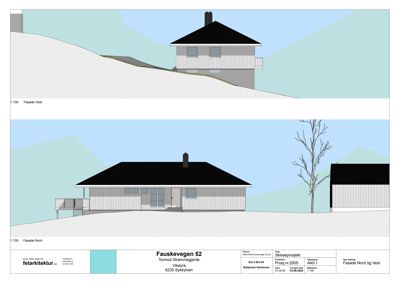 Fasadetegning som viser bygningens utseende sett fra nord og vest.